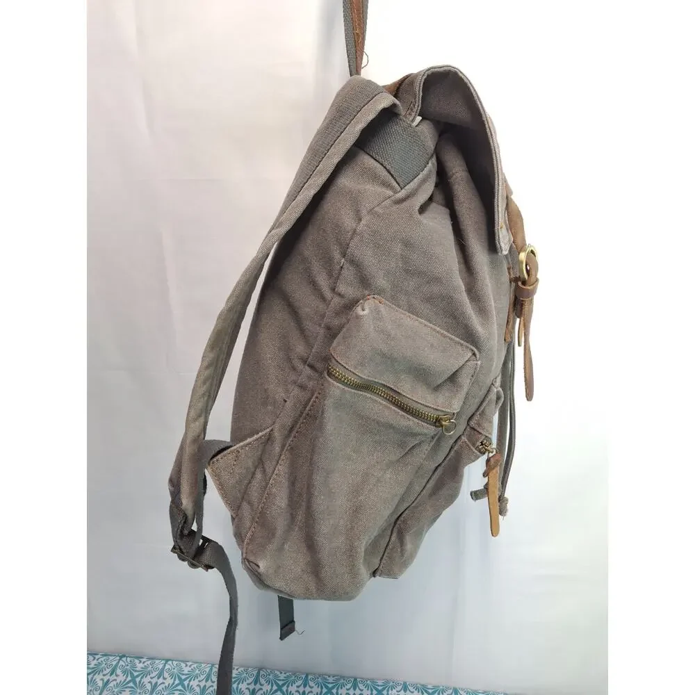 Canvas Leather Backpack Gray Brown Laptop Rucksack Fits 17” laptop